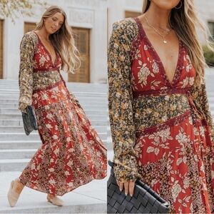 NWT Free People Tilda Wrap Dress Neutral Combo Fall Wedding Guest Dress